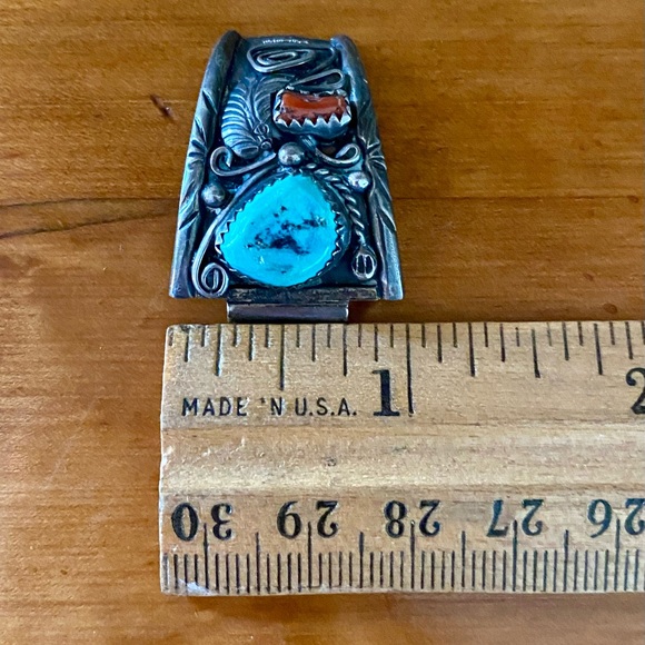 Vintage Navajo Sterling Silver, Turquoise, Coral Watch Tips - Picture 7 of 8